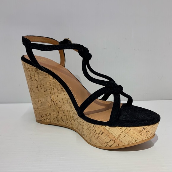 BRAND NEW H&M Black Sz 9.5 Strappy Cork Wedges Velour Feel Straps Platform’s - Picture 4 of 11